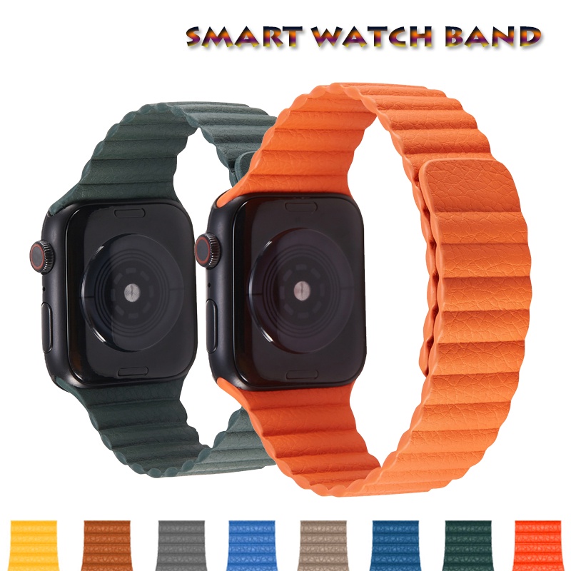 ภาพหน้าปกสินค้าสายนาฬิกาข้อมือหนัง แบบแม่เหล็ก สําหรับ Smart watch 7 41 45 มม. 5 6 44 42 มม. iWatch 1 2 3 38 40 มม. W46 Dt100 W66 T500