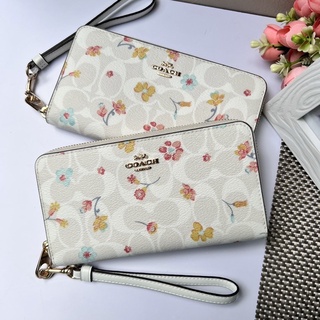 🎀 (สด-ผ่อน) กระเป๋าสตางค์ซิปรอบ มีสายคล้อง ขาวซีลายดอก COACH C8695 LONG ZIP AROUND WALLET IN SIGNATURE CANVAS