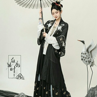 Pre-sale ชุดฮั่นฝู คอลเลคชั่น Bai Qing Cheng โทนสีดำ แบรนด์ Bai Lu Shi Hanfu ชุดจีนโบราณ เสื้อคลุม กระโปรงผูก เสื้อผูกอก