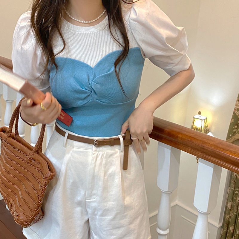only-girl-พร้อมส่ง-เย็บฤดูร้อนบริสุทธิ์ปรารถนาหวานสาวร้อนแขนสั้นเสื้อยืดผู้หญิงความรู้สึกออกแบบผ้าไหมน้ำแข็งพัฟแขนบาง