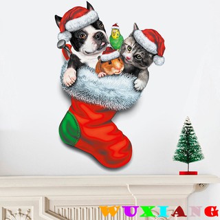 【wuxiang】สติกเกอร์ ลายถุงเท้าคริสต์มาส พร้อมแมวและสุนัข สําหรับตกแต่งบ้าน