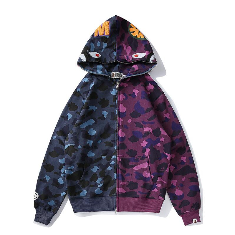 bape-แฟชั่นใหม่สีฟ้าสีม่วงความคมชัดสีผ้าฝ้ายเสื้อยืดคลุมด้วยผ้าแขนยาว