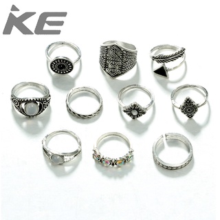 Ring Vintage Exaggerated Gem Triangle Feather Combination 10 Piece Set Ring for girls for wom