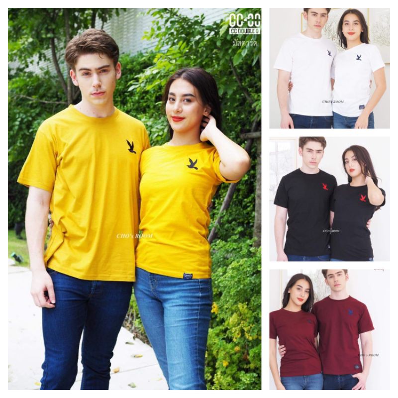 เสื้อยืดแขนสั้นสีพื้นงานปัก-งานป้ายนกccoo-ใส่ได้หญิงและชาย-cotton100-มีบริการเก็บปลายทาง