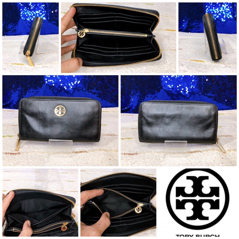 tory-burch-robinson-black-leather-zip-continental-wallet-แท้
