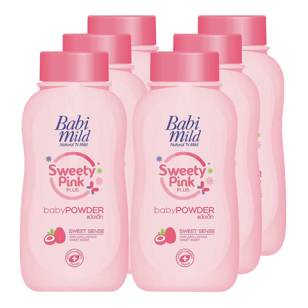 babi-mild-แป้งเด็ก-เบบี้มายด์-สีชมพู-ขนาด-50กรัม-กระป๋อง-แพ็คละ-6ก-ระป๋อง-แป้งและโลชั่นเด็ก