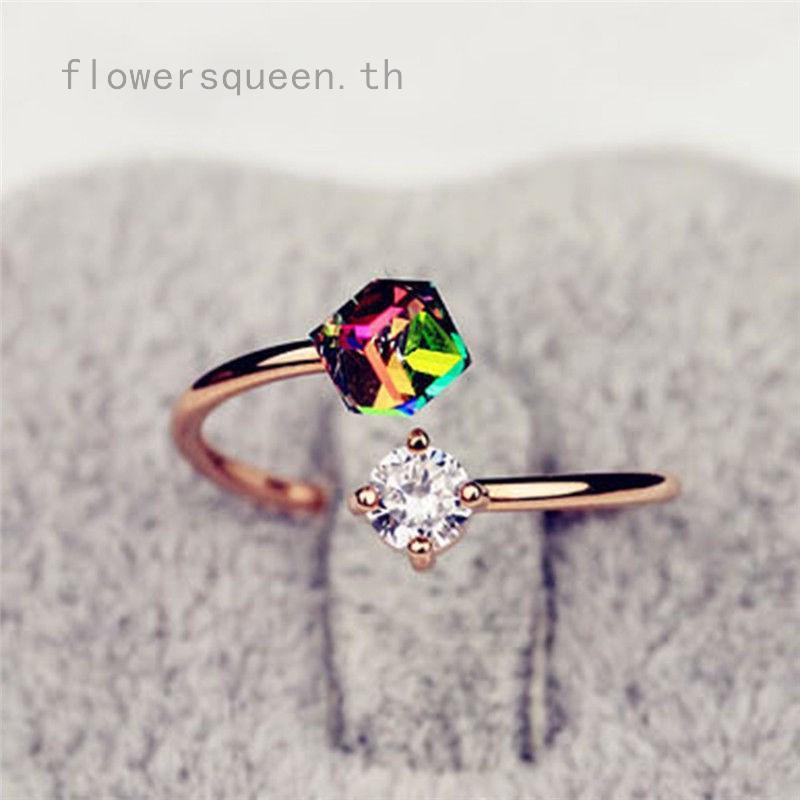 flowersqueen แหวนคริสตัลแบบปรับได้สำหรับผู้หญิง 1 ชิ้น