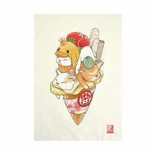 ผ้าแคนวาส พิมพ์ลาย แมวไอศกรีม ไม่มีกรอบ  ขนาด 34.5x48.5 ซม. /  Ice Cream Cat Fabric Art  Canvas No frame