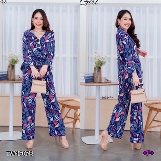 TW16078 Set 2 ชิ้น เสื้อเชิ้ต คอปก กระดุมหน้า แขนยาว มาพร้อมกางเกงขายาว เอวสม็อก เนื้อผ้าไหมอิตาลีลายกราฟฟิก