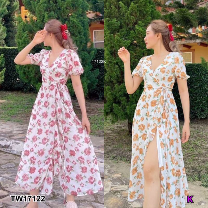 tw17122-สอบถามสต้อกก่อนโอนค่า-ชุดเดรสยาวลายดอกไม้แขนตุ๊กตา-สีชมพู-เหลือง