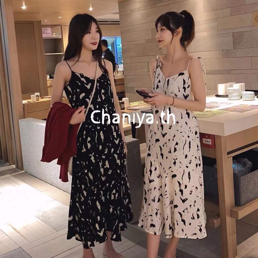 chaniya-th-พร้อมส่ง-ชุดเดรสยาวเลยเข่าคอวีสายเดียวแบบผูกแบบใหม่ข่าวดำสุดนักรักสไตล์เกาหลี
