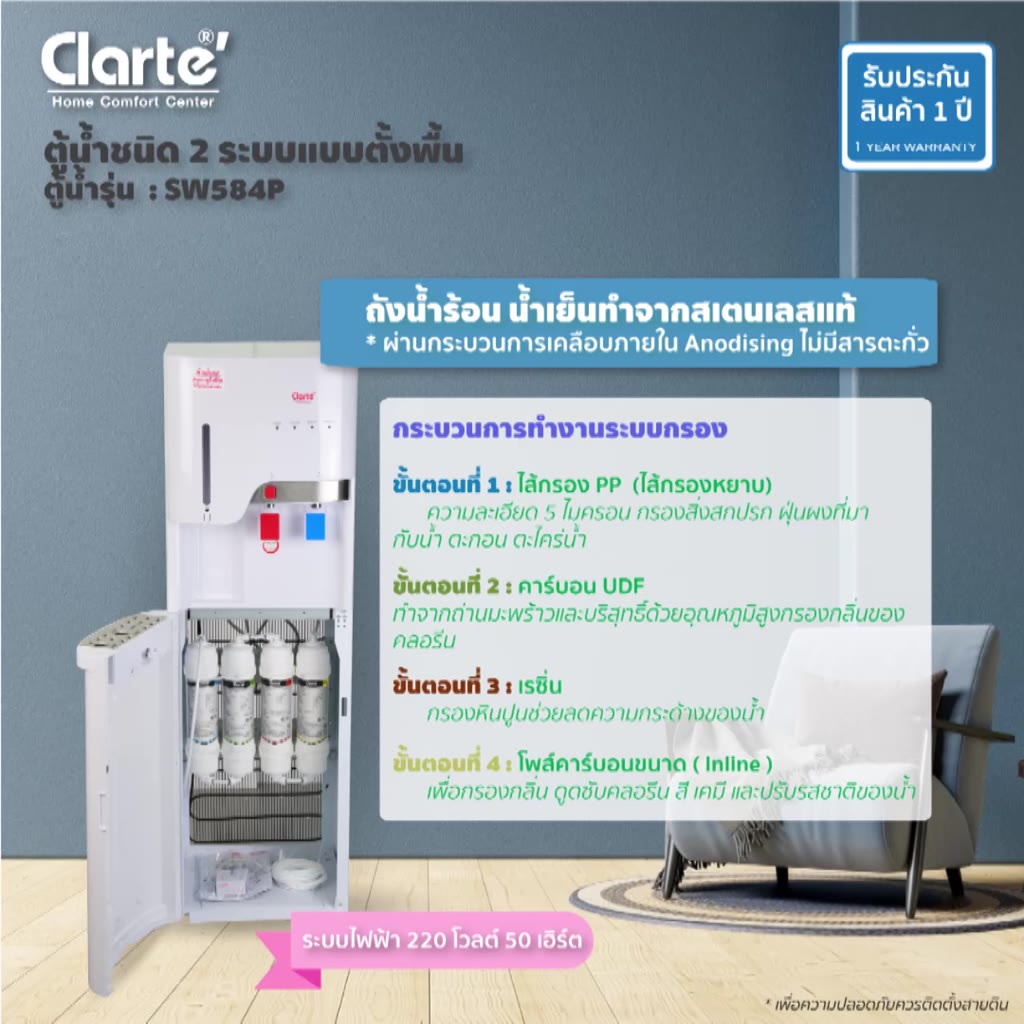 clarte-ตู้กดน้ำดื่มแบบไส้กรองระบบร้อน-เย็น-กรอง-4-ขั้นตอน-รุ่น-sw584p