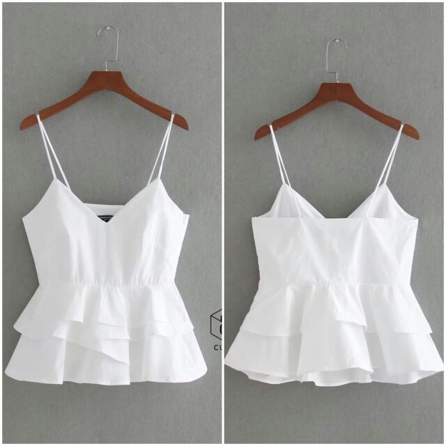 พร้อมส่ง-เสื้อสายเดี่ยวสีขาวล้วน-งานระบายนิดๆ