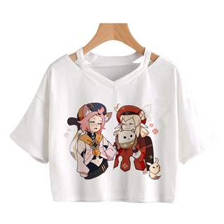 Genshin Impact Kawaii เสื้อยืดครอปท็อป พิมพ์ลายกราฟฟิคการ์ตูนเกม สไตล์ฮาราจูกุ สําหรับผู้หญิง 90s