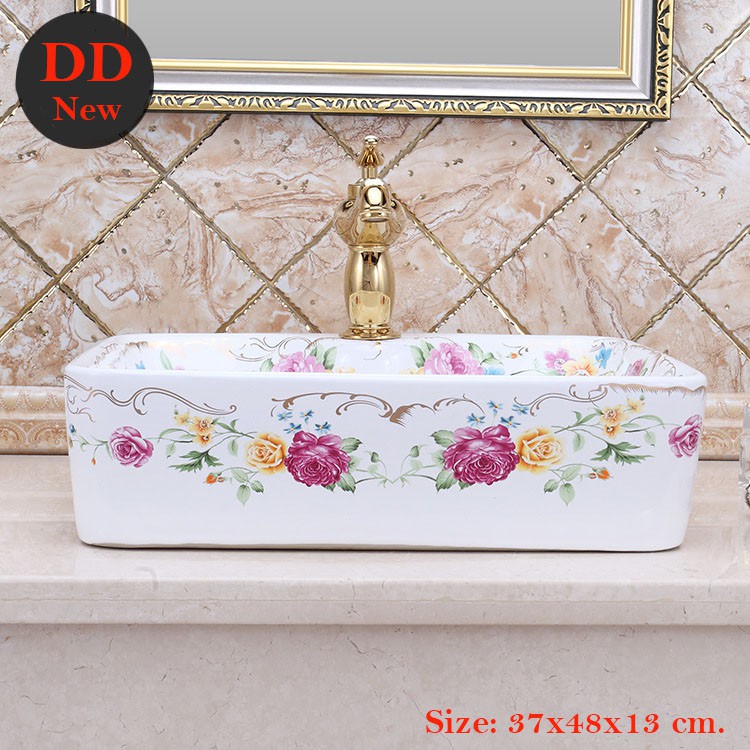 อ่างล้างหน้าเซรามิกทรงสี่เหลี่ยมลายดอกไม้-rose-basin-dd005