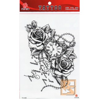 Tattoo Fashion แผ่นใหญ่ แท็ททู ลาย นาฬิกา Clock กุหลาบ Rose TH-488
