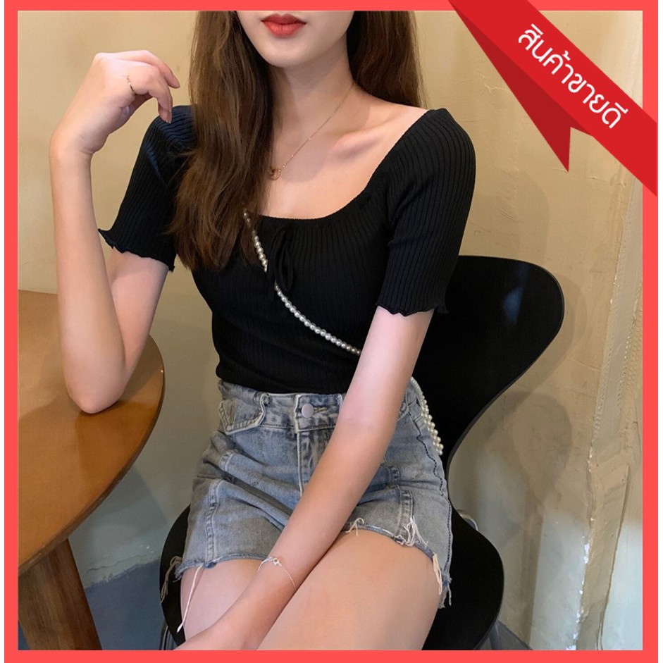 anacami-เสื้อแฟชั่นเกาหลี-เลื้อครอปไหมพรม-ผ้านิ่มใส่สบาย-รุ่น-1064