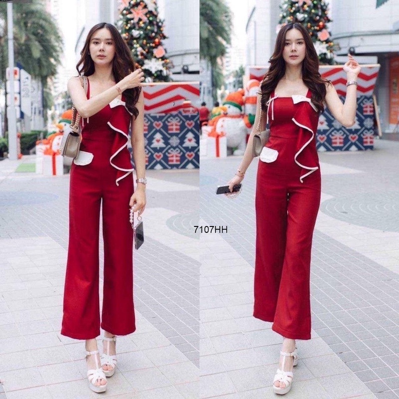 จั๊มสูทขายาวสีแดง-ระบายอก-ชุดแฟชั่น