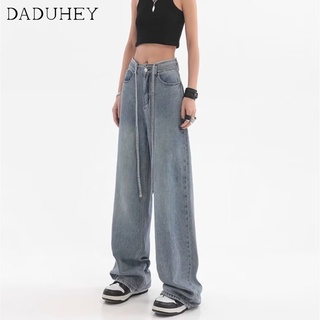 DaDuHey💕 Womens Thin Personalized Drawstring Design Straight Loose High Waist Slimming Wide Leg Jeans