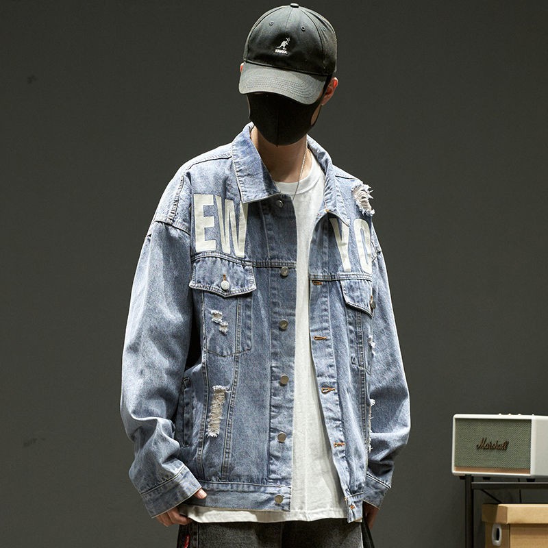 เสื้อยีนส์-เสื้อแจ็คเก็ตยีนส์ผู้ชายหลวมสไตล์ญี่ปุ่นย้อนยุคเสื้อแจ็คเก็ตสไตล์เกาหลีฤดูใบไม้ร่วงยอดนิยม