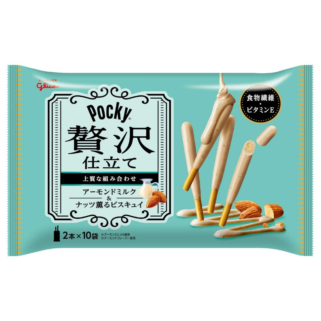 glico-pocky-บิสกิตแท่ง-กูลิโกะ-ป๊อกกี้-ลักชัวเรียส-อัลมอนด์-มิลค์-ทำจากแป้งสาลี-นมผง-อัลมอนด์-และนมผงอัลมอนด์-ชุดละ-4-ถุ