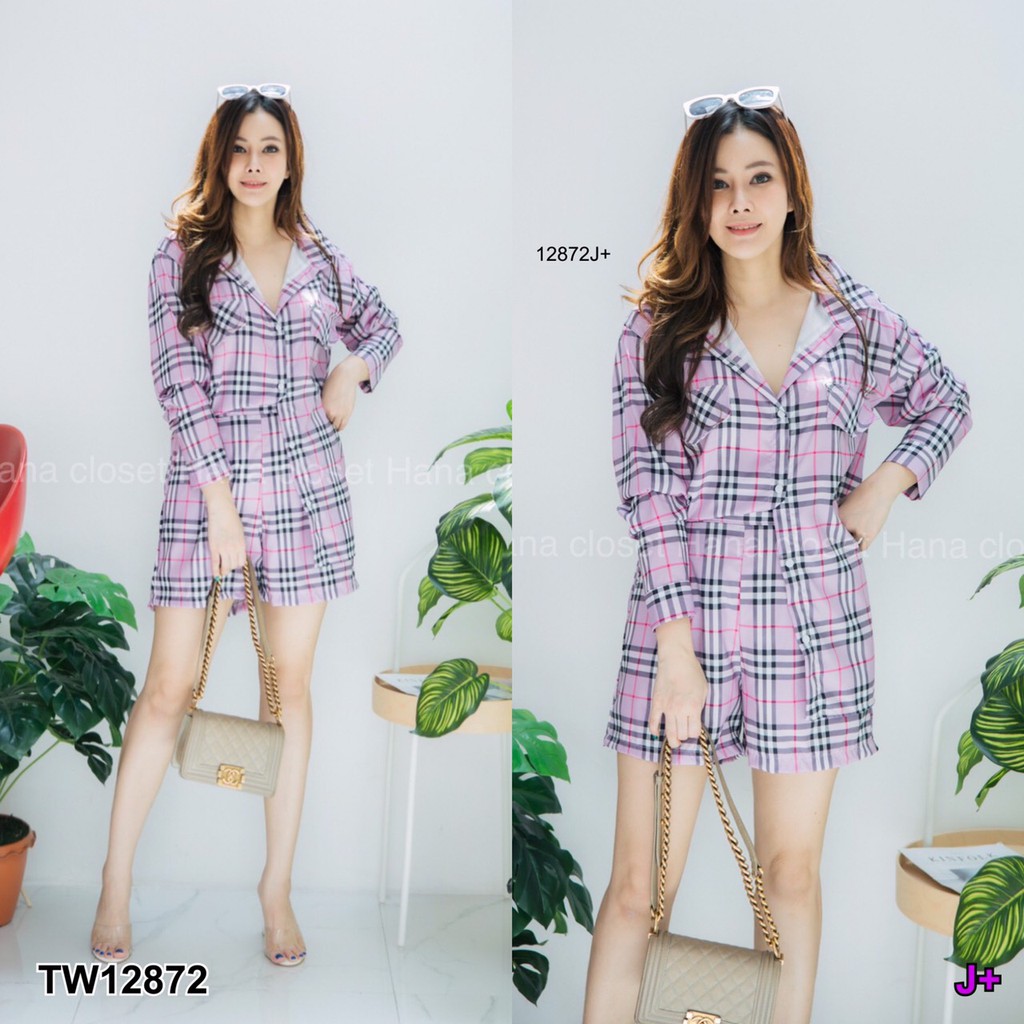 at12872-set-2-ชิ้น-สาวอวบ-เสื้อเชิ้ตแขนยาว-กางเกงขาสั้น-ลายสก็อตแบรนด์ดัง