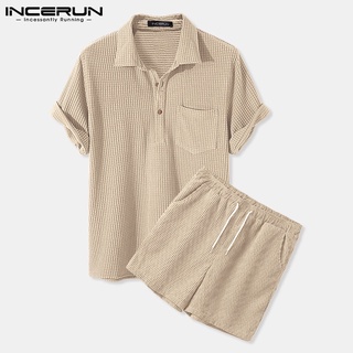 สินค้า INCERUN ชุดเซต เสื้อแขนสั้น ผ้าลูกฟูก สีพื้น + กางเกงขาสั้น เอวเชือกรูด แฟชั่นสำหรับผู้ชาย
