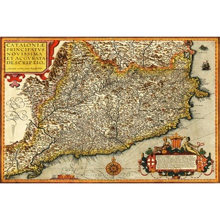 โปสเตอร์ผ้าไหม ลายแผนที่ ANTIQUE VRIENTS 1608 CATALONIA HISTORIC ขนาดใหญ่ สําหรับตกแต่งผนังบ้าน
