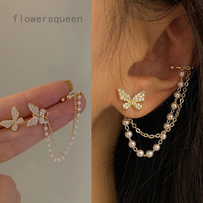 flowersqueen-ต่างหูห่วงโซ่โลหะรูปผีเสื้อ-rhinestone-แฟชั่นสําหรับผู้หญิง