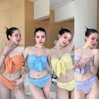 DOUBLEJSHOP Summer Swimming ชุดว่ายน้ำไปทะเล ชุดว่ายน้ำทูพีชสุดน่ารักแบบคุณเต้ย ลายผ้าสุดน่ารักมีเข็มขัดรอบเอว