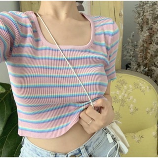 💓Pastel Crop Top เสื้อครอปคอเหลี่ยมสีพาสเทล ผ้าไหมพรมร่องอย่างดี