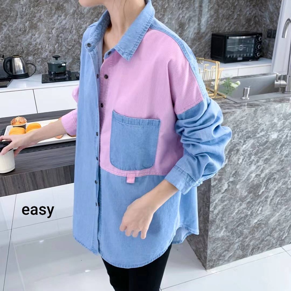 เสื้อคลุมยีนส์แขนยาว-กระดุมหน้า-พร้อมแต่งทูโทน-ยีนส์ฟอก-งานดี-ผ้าบางนิ่ม-แมตง่าย-ใส่ชิคๆ-oversize