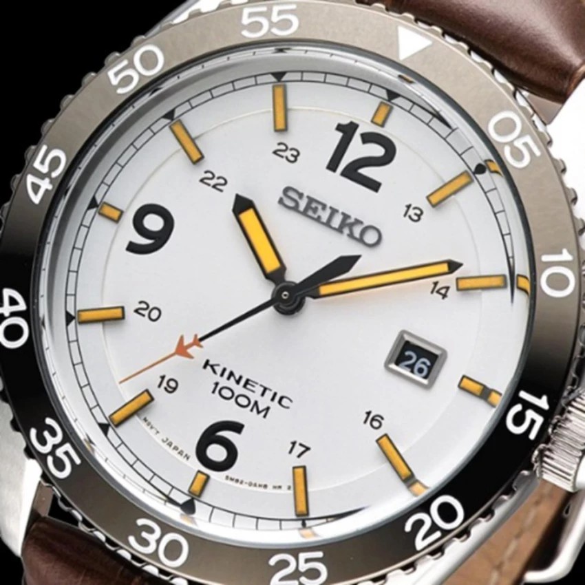 SEIKO KINETIC นาฬิกาข้อมือสายหนังสีน้ำตาล/สีขาว SKA619P1 Shopee
