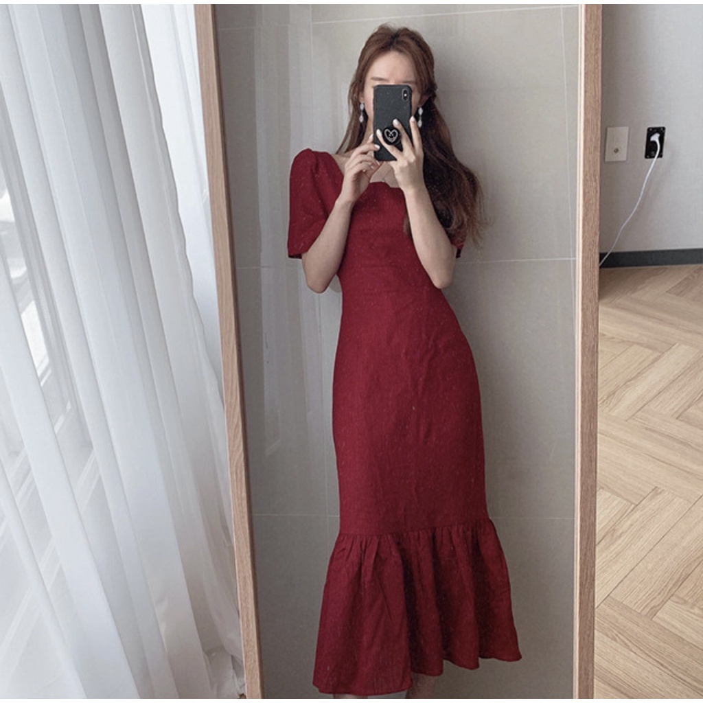 tw11057-maxi-dress-แม็กซี่เดรสคอเหลี่ยม-แขนสั้น-ผ้าสีพื้น-งานผ้าซาร่า-ชายเดรสแต่งระบาย-ข้างเอวมีสายผูกโบว์ซ่อนด้านหลัง-ม