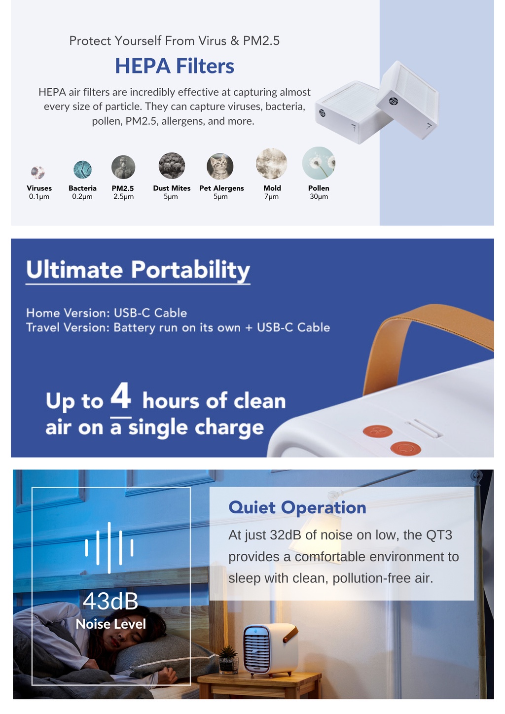 Smart Air เครื่องฟอกอากาศแบบพกพาและตั้งโต๊ะ รุ่น QT3 สำหรับห้องขนาด 15 ...