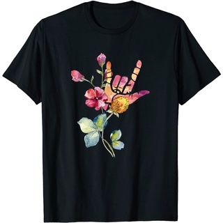 เสื้อยืดโอเวอร์ไซส์เสื้อยืด พิมพ์ลายดอกไม้ Deaf Pride ASL สําหรับผู้ใหญ่S-3XL