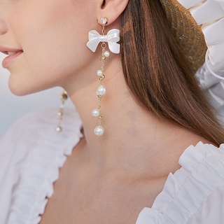 925 silver needle wind zircon pearl bow tassel earrings Dongdamen earrings small fresh earrings female for girls for wom