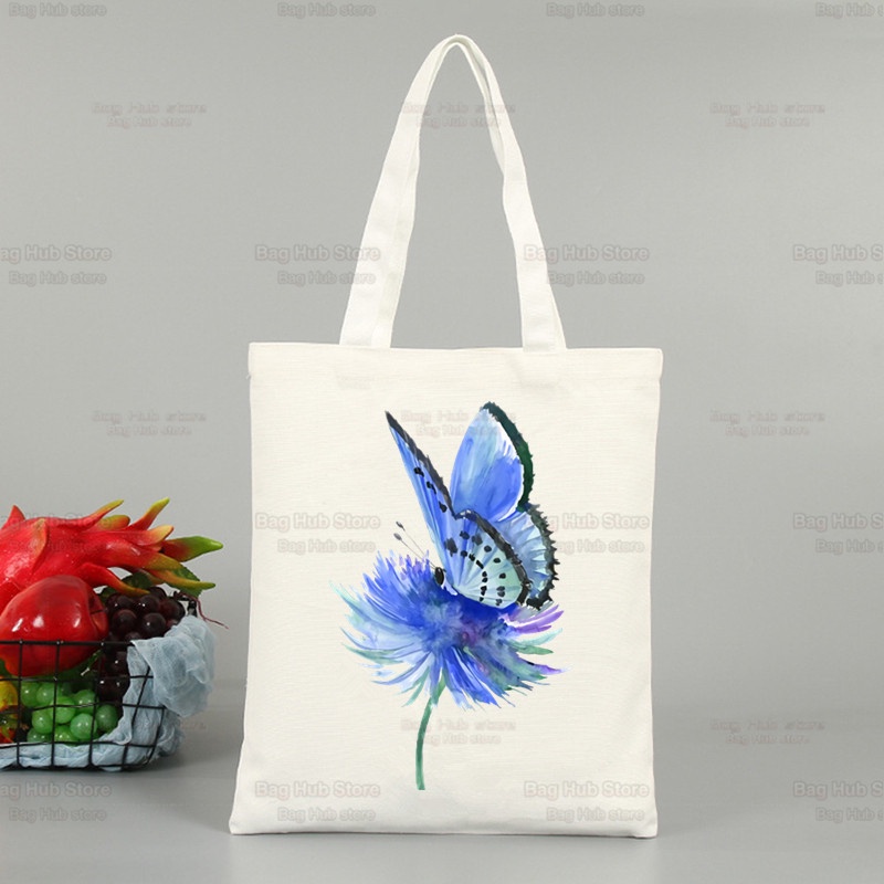กระเป๋าช้อปปิ้ง-ผ้าแคนวาส-พิมพ์ลายผีเสื้อ-ดอกไม้บิน-สีฟ้า-สไตล์เกาหลี