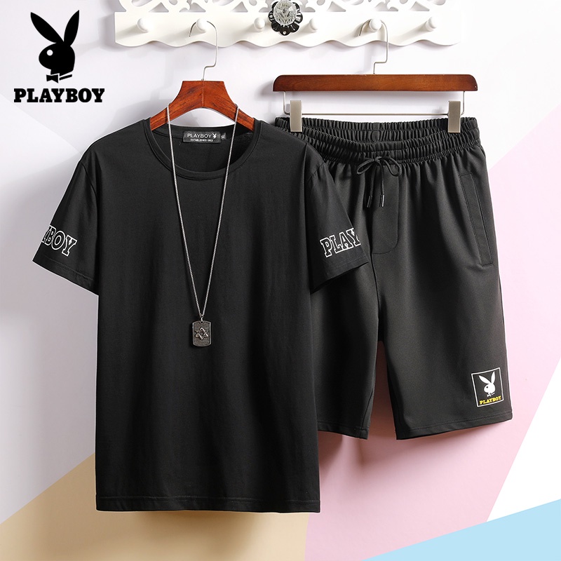 playboy-ฤดูร้อนผู้ชายสั้นแขนสั้นกางเกงขาสั้นเสื้อยืดกางเกงขาสั้นสองชิ้นชุดลำลอง-m-3xl