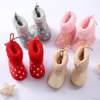 รองเท้าบูท ผ้าฝ้าย และผ้ากํามะหยี่ แบบนิ่ม ลายจุด กันลื่น เหมาะกับเดินเล่นหิมะ สําหรับเด็กผู้ชาย และผู้หญิง อายุ 0-18 เดือน