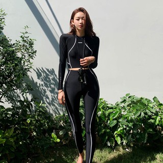 [โปรลด💗] ชุดว่ายน้ำแขนยาวหญิง สีดำเอวลอย พร้อมกางเกงขายาวเอวสูงปกป้องยูวี UV CUT 50++ กันแดด