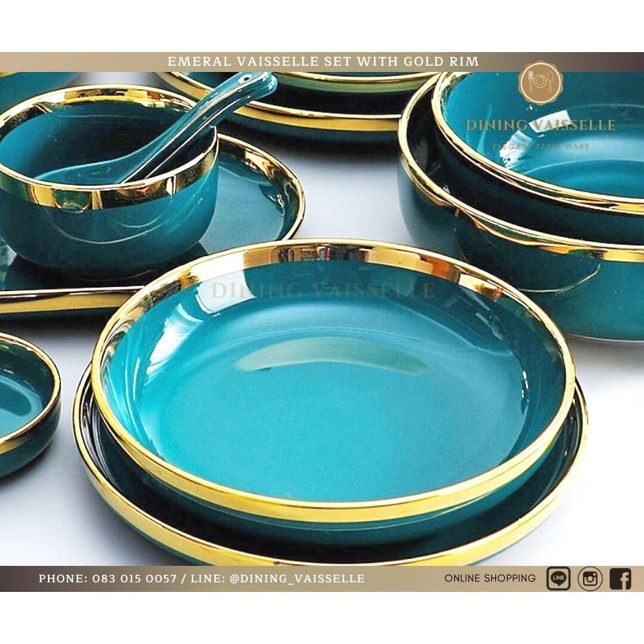 ชุดจานชาม-emerald-plate-set-ขอบทอง-สวยมาก-เนื้อporcelain-ceramicอย่างดี-อุปกรณ์บนโต๊ะอาหาร