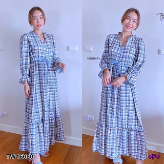 TW16080 Maxi Dress เดรสยาวคอวีแต่งระบาย แขนยาวปลายแขนจั๊ม เย็บตัดต่อชาย มีเชือกผูกเอว เนื้อผ้าไหมอิตาลี ลายตาราง