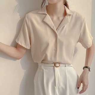 2022 ฤดูใบไม้ผลิและฤดูร้อนใหม่ retro ฮ่องกงรสเกาหลี professional ชุดคอปกแขนยาวเสื้อแขนสั้นผู้หญิงสีทึบด้านบน
