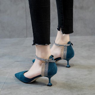 💥Hot Sale 👠 รองเท้าส้นสูงสตรีส้น stiletto 2020 ใหม่เกาหลีรุ่นแหลมเท้าป่า Baotou คำหัวเข็มขัดโรมันกลวงแมวส้นรองเท้าผู้ห