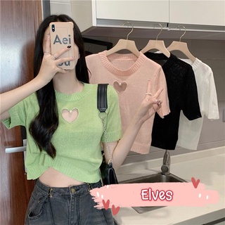 Elves✨พร้อมส่ง✨ เสื้อครอปไหมพรมแขนสั้น ดีเทลเว้าหน้าอกหัวใจสีพาสเทลน่ารัก ~3570~