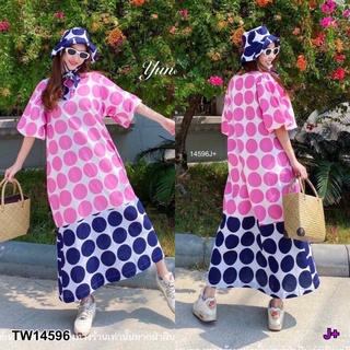 TW14596 Maxi Dress เดรสยาวโอเวอร์ไซส์ แขนพอง มีกระเป๋าล้วงข้าง เนื้อผ้าฝ้ายลินิน ตัดแต่งสลับสีลายจุด + หมวก