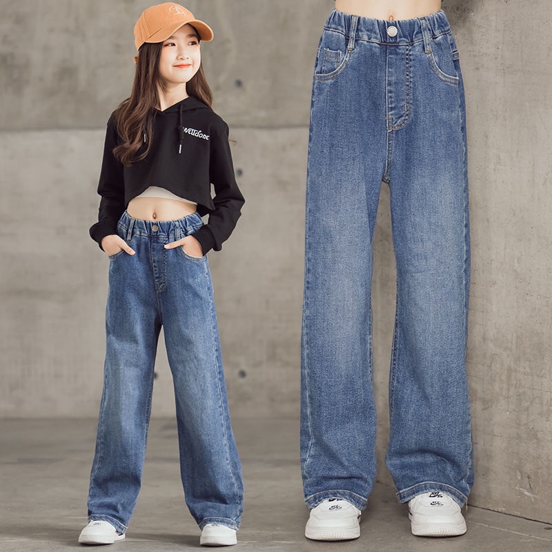 กางเกงขากว้างเอวสูงสำหรับเด็กผู้หญิง-ใหม่-สไตล์เกาหลี-หลวมและบาง-แฟชั่น-กางเกงยีนส์ขาด-กางเกงทรงตรง