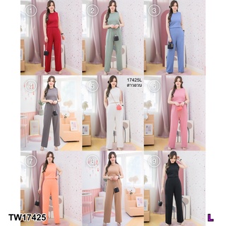 PE17425 Set #สาวอวบ 2 ชิ้น เสื้อกล้ามคอบ+กางเกงขายาว เอวสูง มีกระเป๋าล้วงข้าง เนื้อผ้ายืดนุ่ม ใส่สบาย มีลายในตัว