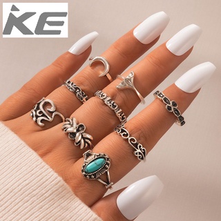 Ring Set Vintage Totem Elephant Turquoise Ring Lotus Fishtail Alloy Ring Nine-piece Set for gi